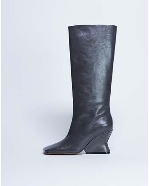 TOPSHOP Botas Por La Rodilla Grises Con Tacón De Cuña Alto De Cuero Premium Selma De - Azul