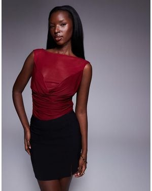 ASOS Cowl Front Mesh Slinky Mix Bodysuit - Red