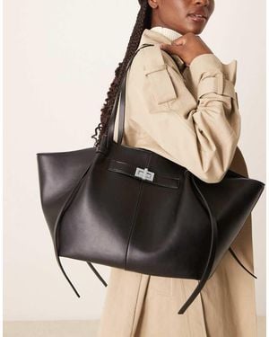Gina Tricot Faux Leather Medium Tote Bag With Strap And Clutch With Silver Detail - Black