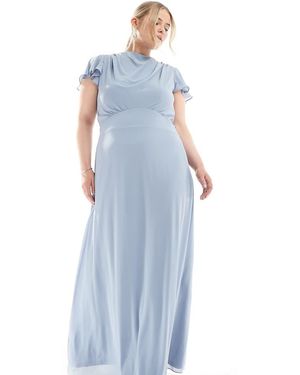 Tfnc Plus Vestido De Dama De Honor Largo Azul Empolvado Con Mangas Fluidas Y Espalda Desbocada De Chifón De