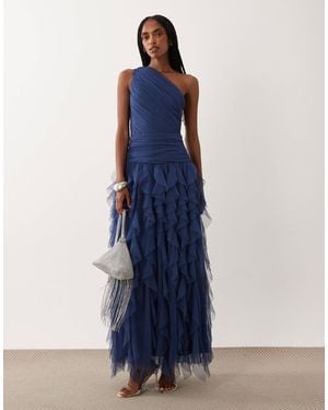 LACE & BEADS Bridesmaid One Shoulder Waterfall Ruffle Maxi Dress - Blue