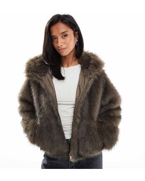 ASOS Asos Design Petite Hooded Faux Fur Bomber Coat - Brown