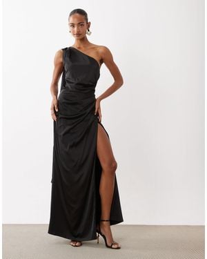 TFNC London Satin One Shoulder Drape Back Split Detail Maxi Dress - White