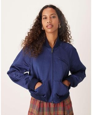 Free People Ellie Satin Bomber Jacket - Blue