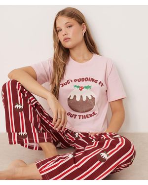 Threadbare Pigiama Natalizio A Maniche Corte E Rosso Con Pantaloni A Righe E Stampa Di Dolcetto
