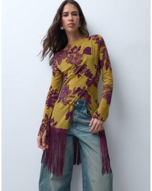 ASOS Top Van Mesh Met Flockprint, Overslag En Franje - Bruin