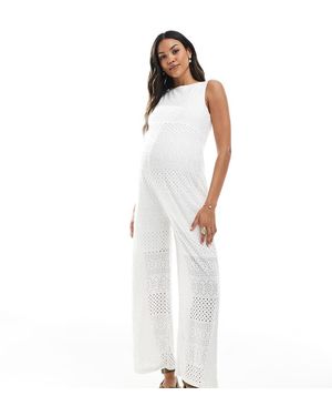 Mama.licious Mamalicious Maternity Wide Leg Jersey Broderie Jumpsuit - White