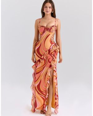 House Of Cb Lumira Sunset Swirl Print Ruffle Cut Out Maxi Dress - Orange