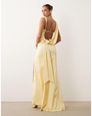 Oh Polly Satin Cowl Drape Detail Open Back Thigh Split Maxi Dress - Natural