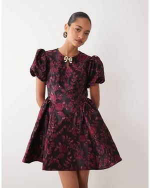 Sister Jane Jacquard Puff Sleeve Diamante Bow Detail Mini Dress - Red