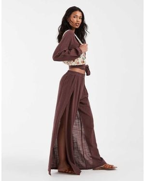 Pieces Textured Cotton Wide Split Leg Trousers Co-ord - Brown
