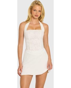 Oh Polly Chiffon Halter Neck Embellished Lace Corset Mini Dress - White