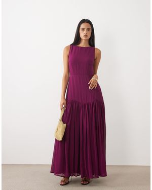 LACE & BEADS Chiffon High Neck Sleeveless Drop Pleat Waist Maxi Dress - Purple