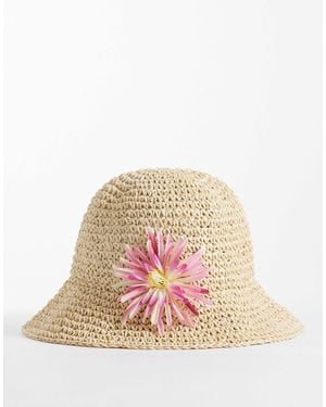 South Beach Woven Bucket Hat With Floral Detail - White