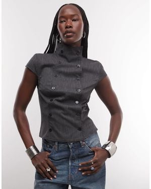 Weekday High Neck Cap Sleeve Top With Buttons - Black