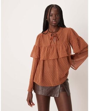 Vila Boho Sheer Dobby Blouse With Ruffles - Brown