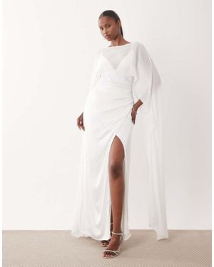TFNC London Bridal Mesh Cape Detail Satin Cami Maxi Dress - Natural