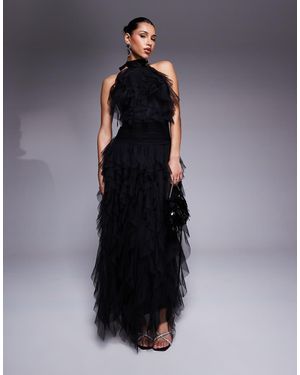 LACE & BEADS Backless Ruffle Tulle Maxi Dress - Blue