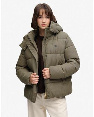 Superdry Premium Hooded Check Puffer Jacket - Grey
