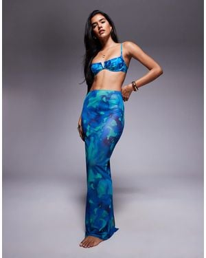 South Beach Blur Print Mesh Maxi Beach Skirt - Blue