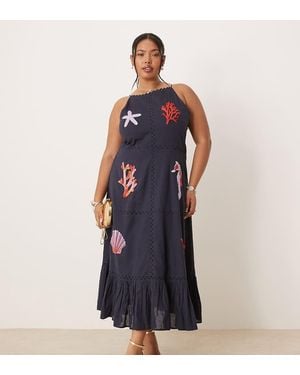 Hope & Ivy Plus Beach Embellished High Neck Midi Dress - Blue