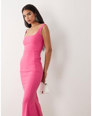 Vesper Bengaline Sleeveless Square Neck Fishtail Midi Dress - Pink