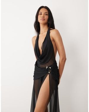 Oh Polly Mesh Plunge Cowl Halter Neck Thigh Split Beach Maxi Dress - Black