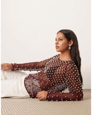 ARRANGE Embellished Mesh Long Sleeve Top - Brown