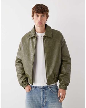 Prohibited Oversized Drop Shoulder Pu Leather Bomber Jacket - Green