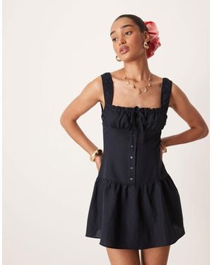 Lioness Heart Shaped Linen Blend Milkmaid Tie Front Button Detail Gathered Skirt Mini Dress - Blue