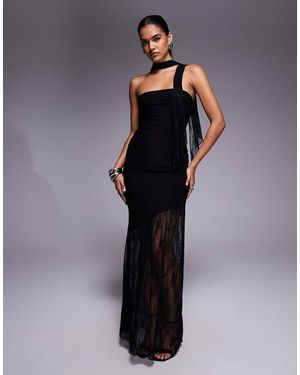 Fashionkilla Exclusive Double Sculpted Slinky Bandeau Sheer Lace Hem Scarf Detail Maxi Dress - Blue
