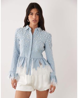 ASOS Peplum Denim Corset Shirt With Lace And Pearl Detail - Blue