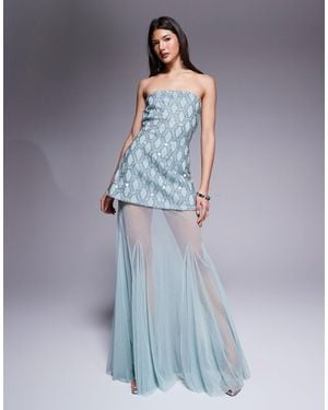 ASOS Premium Cutwork Embellished Structured Maxi Dress With Sheer Full Skirt - Blue