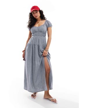 Hollister Robe longue tendance folk à manches courtes et taille smockée - pique-nique - Bleu