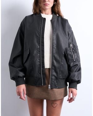 TOPSHOP Faux Leather Washed Ma1 Bomber Jacket - Black