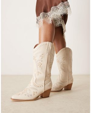 Glamorous Embroidered Western Knee Boots - Natural