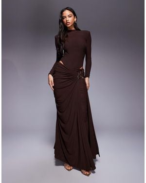 Wanderdoll Triple Layered Mesh Metal Hardware Gathered Waist Detail Maxi Skirt Co-ord - Purple