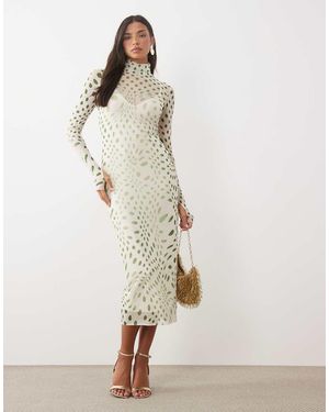 AFRM Vestido Midi De Manga Larga Con Cuello Alto De Malla Y Lunares Verde Oliva - Blanco