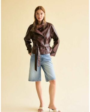 Stradivarius High Neck Leather Effect Trench Coat - Natural