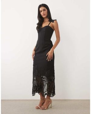 JW PEI Lace Embroidered Corset Detail Midi Dress - Black