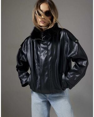 River Island Fur Trim Faux Leather Bomber Jacket - Black