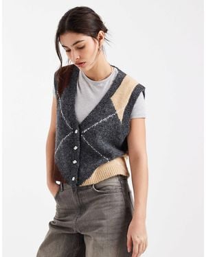 Object V Neck Button Front Knitted Vest - Gray