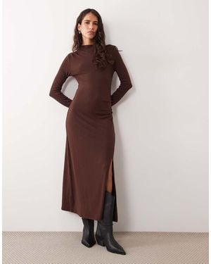 New Look Cosy Long Sleeved Ruche Midi Dress - Brown