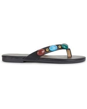 SEQWL Flat Thong Slide Sandals With Stone Embellishments - Blue