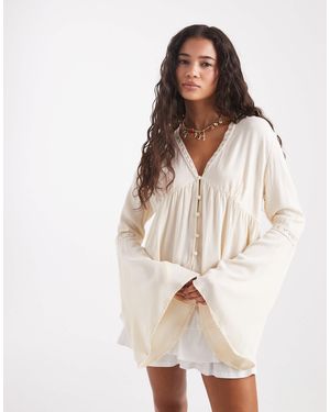 Miss Selfridge Flare Sleeve Button Up Peplum Blouse - Natural