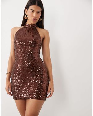 Ruched & Ready Sequin High Neck Halterneck Mini Dress - Brown