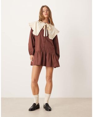 Neon Rose Oversized Collar Pinstripe Mini Smock Dress - Brown