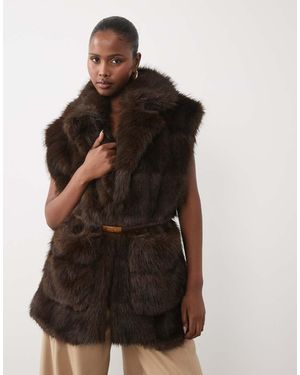 Bardot Faux Fur Longline Gilet With Belt Detail - Brown