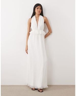 Six Stories Pleated Plunge Ruffle Detail Maxi Dress - White