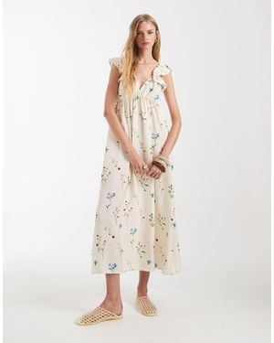Vero Moda Ruffle Shoulder V Neck Maxi Dress - Natural